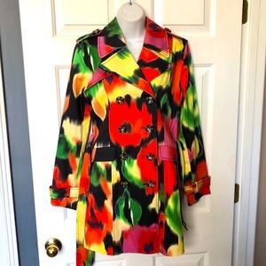 Attention Colorful Abstract Double Breasted Trench Rain Coat XS NWOT